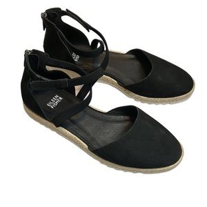 Eileen Fisher Bisa Espadrille Flat Sandals Leather Shoes Size 7.5 Black